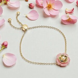 Coach Gold & Pink Resin Glittered Tea Rose Slider Bracelet NWOT MSRP: $115.00